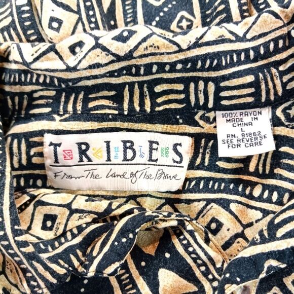 Vintage 90s TRIBES FROM LAND OF THE BRAVE Black Tan Geometric Men's L Shirt..... - Picture 2 of 9